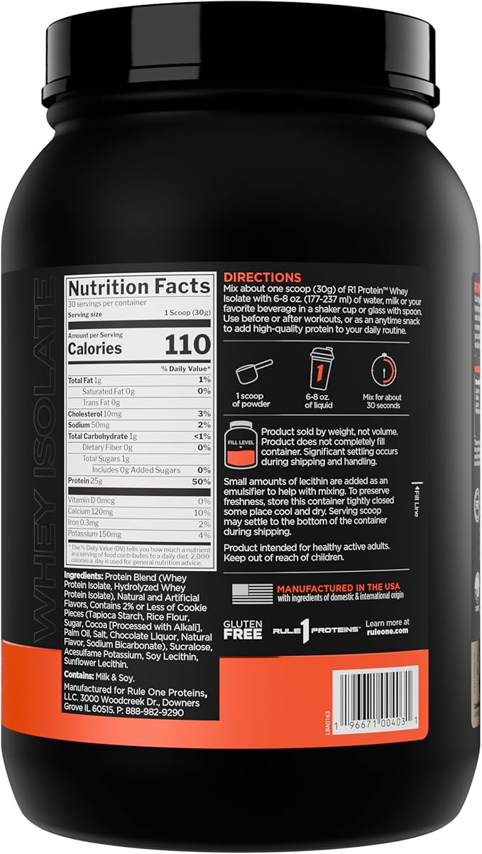 Rule 1 R1 Protein Whey Isolate - with 25g Protein &amp 6g BCAA Exclusively from Isolated &amp Hydrolyzed Sources for Workout Recovery (2 Pounds* Cookies &amp Crème)