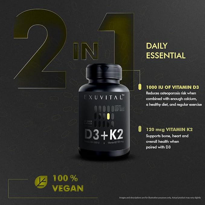 D3 &amp K2 Vitamin Supplement Vegan D3 1000 IU &amp K2 MK7 120 mcg for Bone Heart &amp Immune Support Non-GMO Gluten-Free 60 Vegan Capsules 2 Months Supply