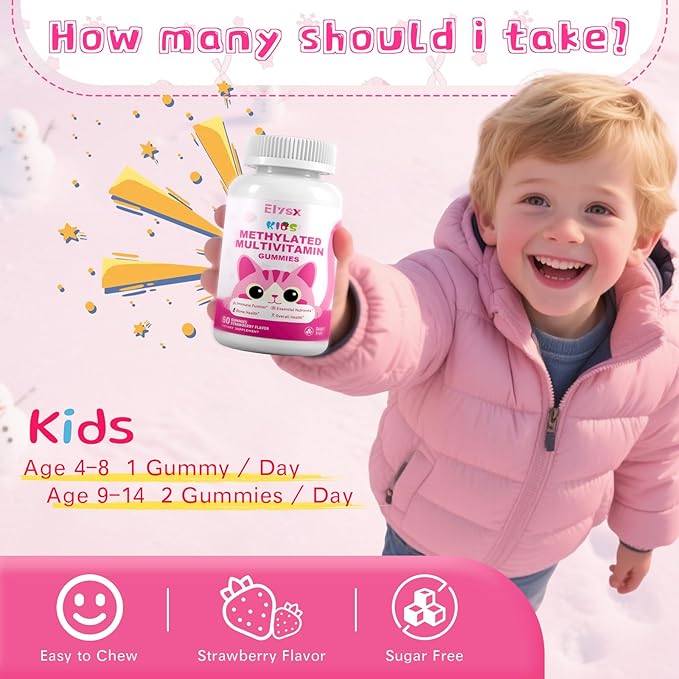 Kids Methylated Multivitamin Chewable Gummies MTHFR Supplement with L Methylfolate Magnesium Biotin Choline Inositol DHA TMG &amp Coq 10 Immune &amp Brain Support Strawberry Flavor 120 Ct