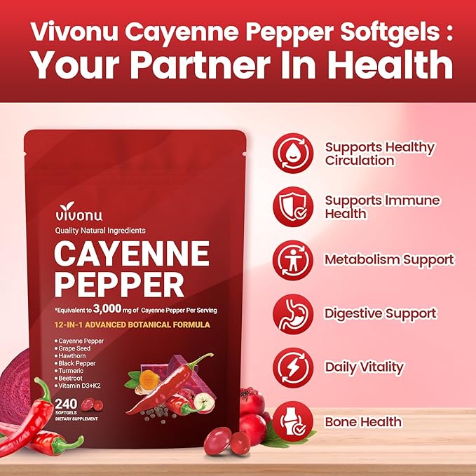 Cayenne Pepper Softgels Supplement with Vitamin E D3+K2 and Extracts of Turmeric Grape Seed Hawthorn Beetroot Berberine and Others Supports Leg Vein Heart and Blood Vessel Health (2 Pack)