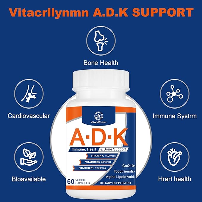 ADK Vitamin Supplement 20000 IU - High Potency Vitamins A D3 and K1 for Heart Bone Health and Immune Support Vitamin ADK 180 Capsules