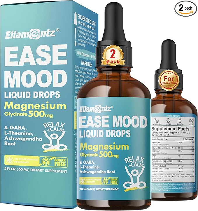 Magnesium Glycinate Liquid Drops for Kids Adults with GABA Ashwagandha L-Theanine Vitamin D3 B6 Saffron for Brain Calm Muscle Relaxation Mood Zzz- Calm Magnesium Supplement Vegan 2 Pack