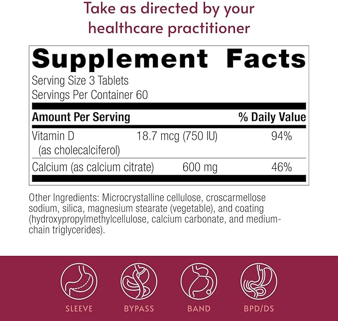 Bariatric Advantage Non Chewable Calcium Citrate 600 mg Calcium - for Bariatric Surgery Patients - Vitamin D3 - Mineral Supplements - 180 Tablets