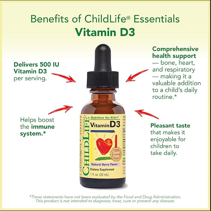 CHILDLIFE ESSENTIALS Vitamin D3 Drops for Kids Children &amp Toddlers - Liquid Vitamin D Drops 500 IU per Drop Immune &amp Bone Health Support Natural Berry - 1 Fl Oz (Pack of 3)