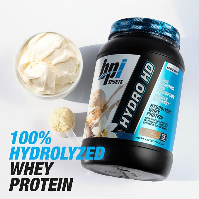 BPI Sports Hydro HD - 100% Hydrolyzed Whey Protein Powder - Muscle Growth Recovery 25g of Hydrolyzed Protein Low Carb Low Sugar Fast Absorbing (23 Servings Vanilla Ice Cream)