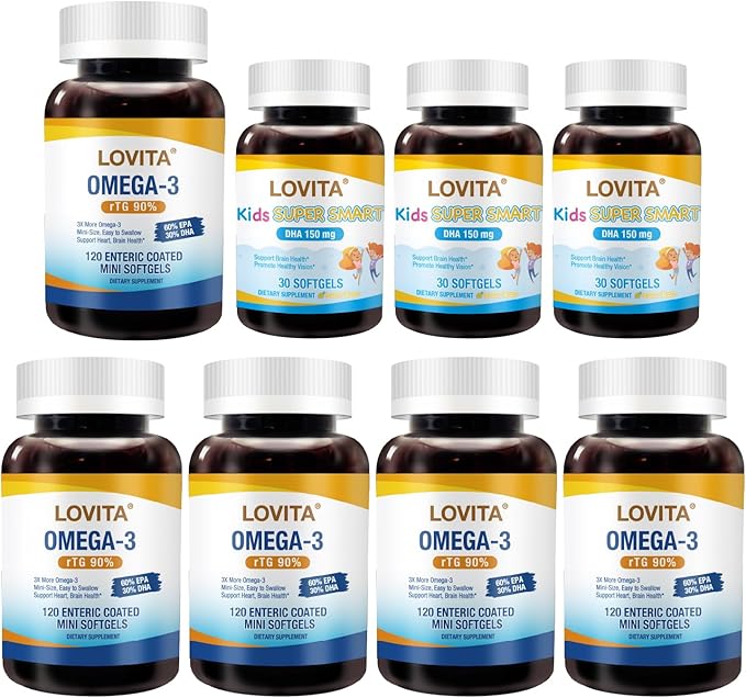 LOVITA Total Home Health Bundle - 5 Adult Fish Oil &amp 3 Kid’s Super Smart Burpless Omega-3 for Parents &amp Kids (8 Pc Value Pack)