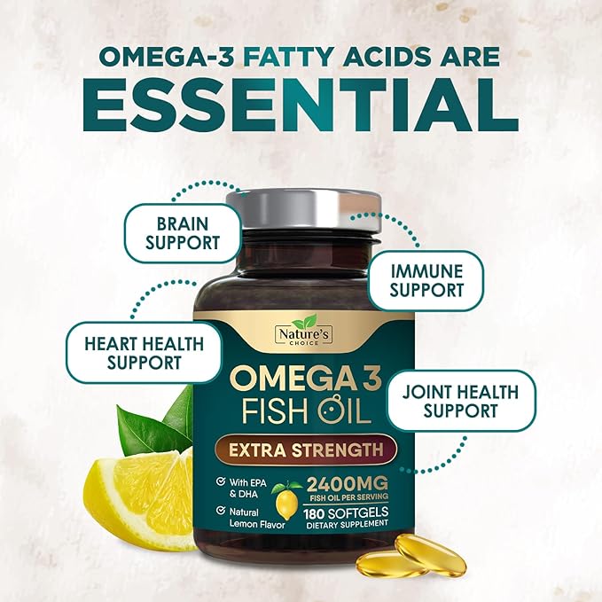 Omega 3 Fish Oil Supplements - 2400mg Fish Oil Per Serving - Triple Strength Omega-3 with Fatty Acids EPA &amp DHA - Natural Heart Brain &amp Immune Support - Wild Caught Bottled in USA - 180 Soft