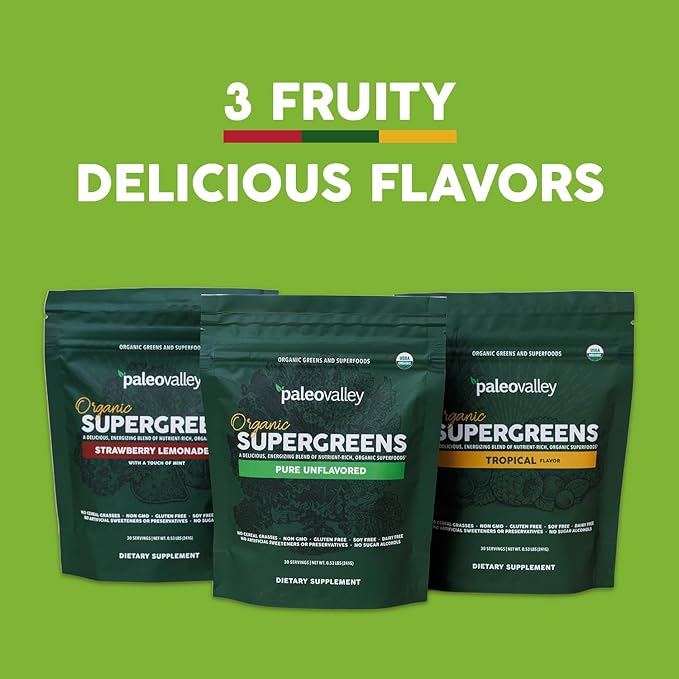 Paleovalley Organic Supergreens Powder - 23 Superfoods with Prebiotic Fiber for Energy and Immunity Support - No Cereal Grasses for Maximum Absorption - Pure Unflavored 30 Servings