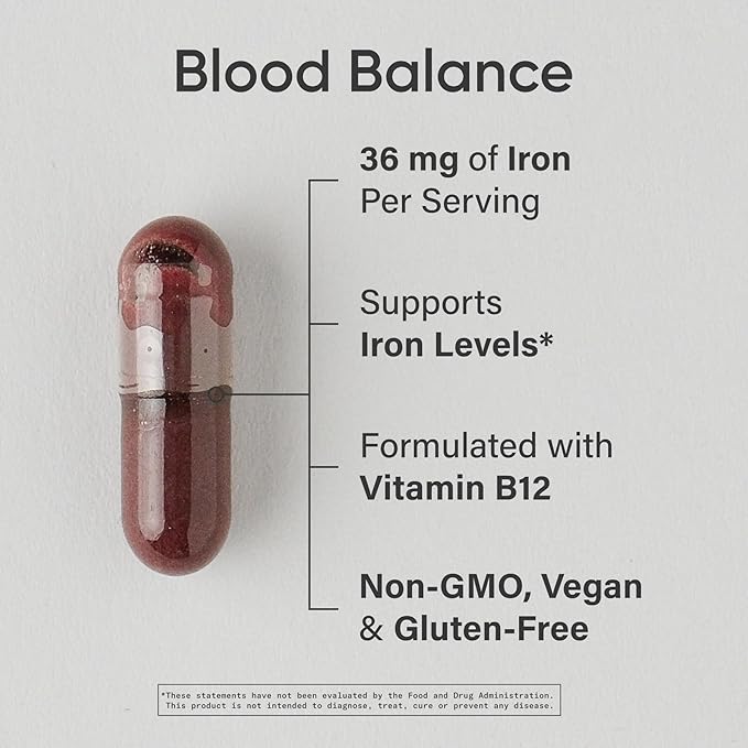 Sports Research® Blood Balance Iron Supplement - 36 MG Iron + Folate &amp Vitamin C for Absorption - Red Blood Cell Support for Women &amp Men* - Vegan Certified · Non-GMO · Gluten-Free - 90 Capsule
