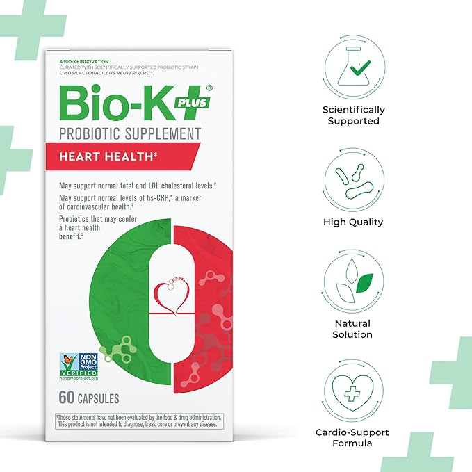 Bio-K+ Probiotics for Heart Health with Limosilactobacillus reuteri LRC – Heart Health Probiotic for Cholesterol &amp Cardiovascular Support 5 Billion CFU Vegan Shelf-Stable – 60 Capsules