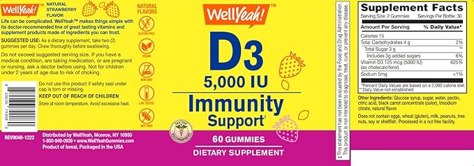 WellYeah Vitamin D3 5000 IU (125 mcg) Extra Strenght Gummies 2 Pack-for Immune Booster Teeth Support - Non GMO Gluten Free Nut Free Vegan - Strawberry Flavor - 60 Gummies