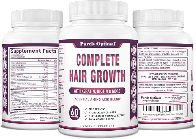 Purely Optimal Hair Growth Vitamins – Supports Thicker Stronger Hair Growth Healthy Skin &amp Nails – Biotin Collagen Keratin – Easy-to-Take Unflavored 60 Capsules