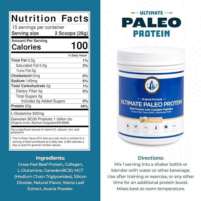 Ultimate Paleo Protein Powder | Premium Grass Fed Beef Protein with Collagen Peptides | Paleo Friendly Gluten Free Keto Friendly No Artificial Sweeteners or Preservatives - Vanilla 15 Servings