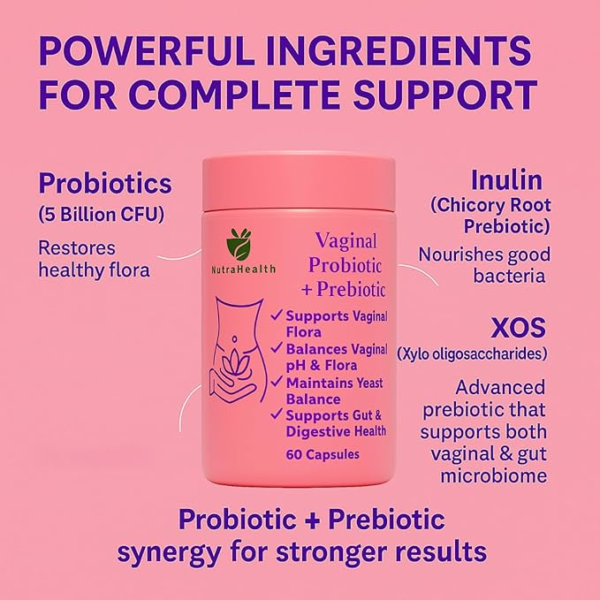 Vaginal Probiotic + Prebiotic for Women – Supports pH Balance Yeast &amp Odor – with Lactobacillus rhamnosus reuteri – Gut &amp Feminine Health – 60 Capsules