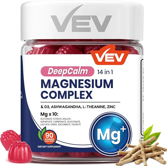 VEV Deep Calm Magnesium Complex 14-in-1 Gummies – 90 Count (Pack of 1) – with D3 Ashwagandha L-theanine Zinc – Magnesium Complex for Women and Men – No Added Sugar Vegan Magnesium Glycinate Gummies