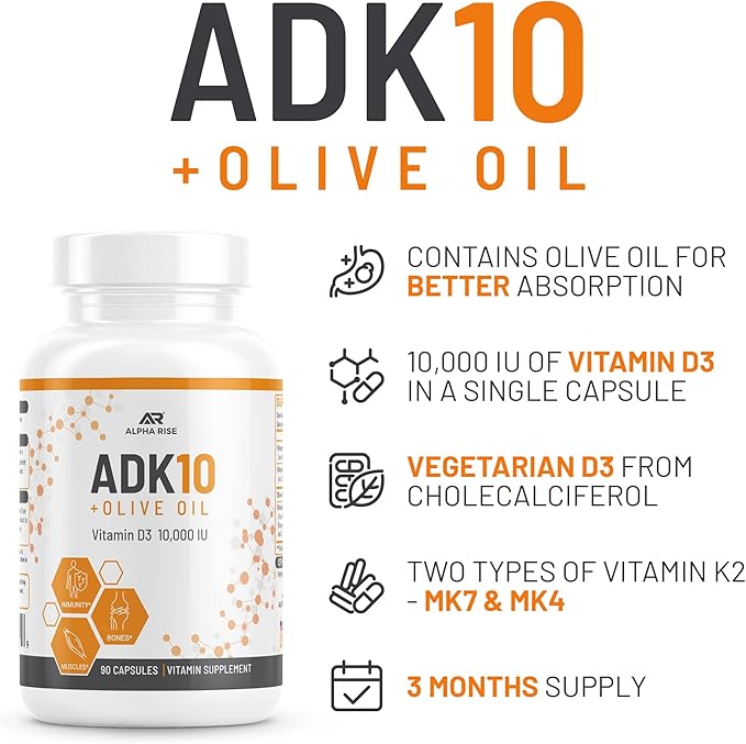 ADK 10 Vitamin Supplement + Olive Oil for Better Absorption - with Vitamins A + D3 (10000 iu) + K2 (MK7+MK4) - 90 Capsules - Vegetarian - Non-GMO