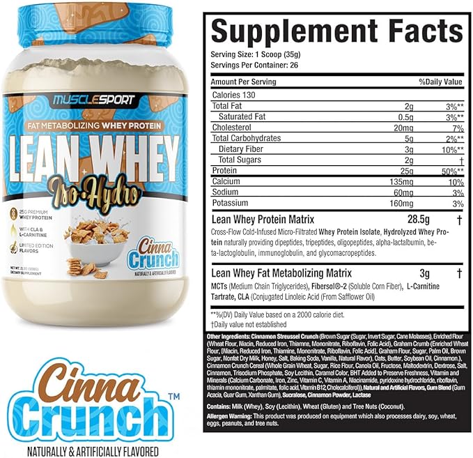 Musclesport Lean Whey Revolution™ Protein Powder - Whey Protein Isolate - Low Calorie Low Carb Low Fat Incredible Flavors - 25g Protein per Scoop - 2lb Cinna Crunch