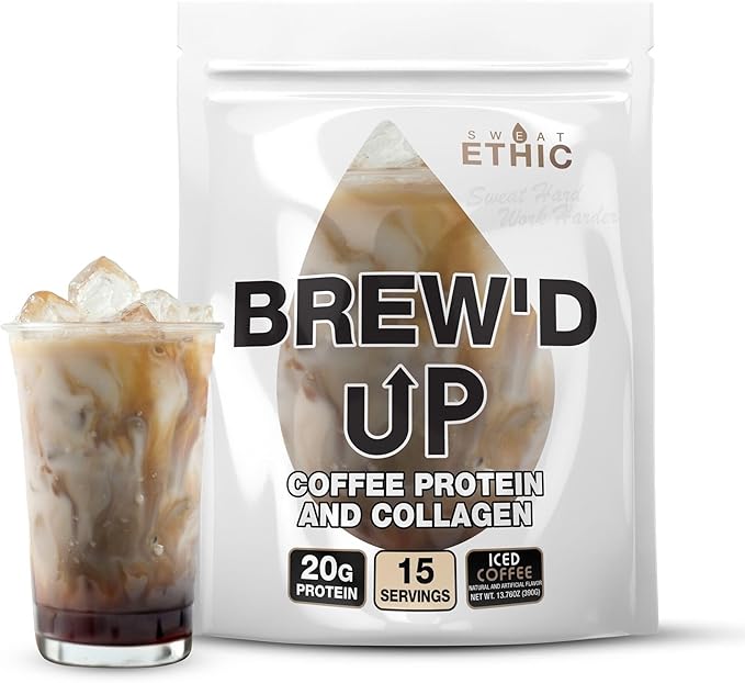 Sweat Ethic Brew’D UP Collagen Protein Coffee Whey Isolate &amp Collagen Peptides Natural Caffeine Low Lactose No Added Sugar Easy-Mix Protein Iced Coffee Flavor 15 Servings
