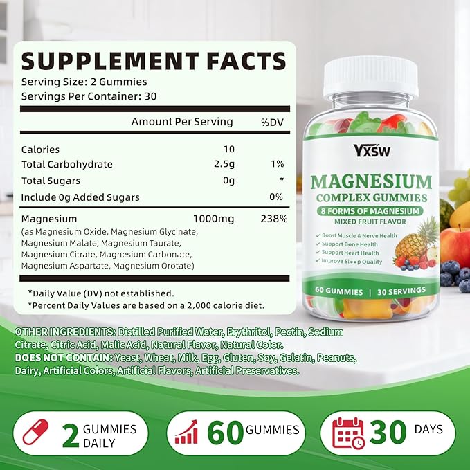 Magnesium Complex Gummies 8 Elemental 1000mg - Magnesium Glycinate Citrate Malate Taurate for Bones Muscle Nerve Health for Women &amp Men Vegan Non-GMO Mixed Flavors 120 Count