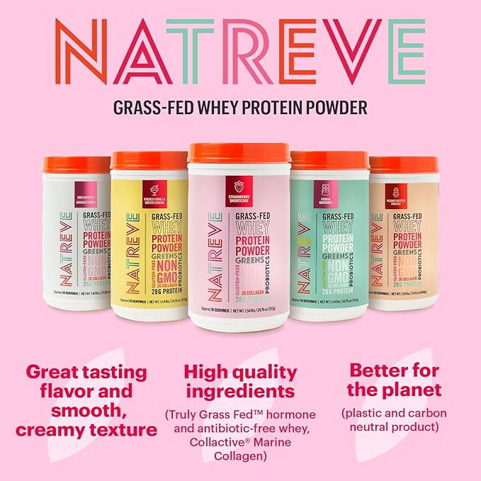 Natreve Whey Protein Powder - 28g Grass-Fed Whey Protein with Amino Acids Probiotics &amp Collagen - Gluten Free Strawberry Shortcake 18 Servings