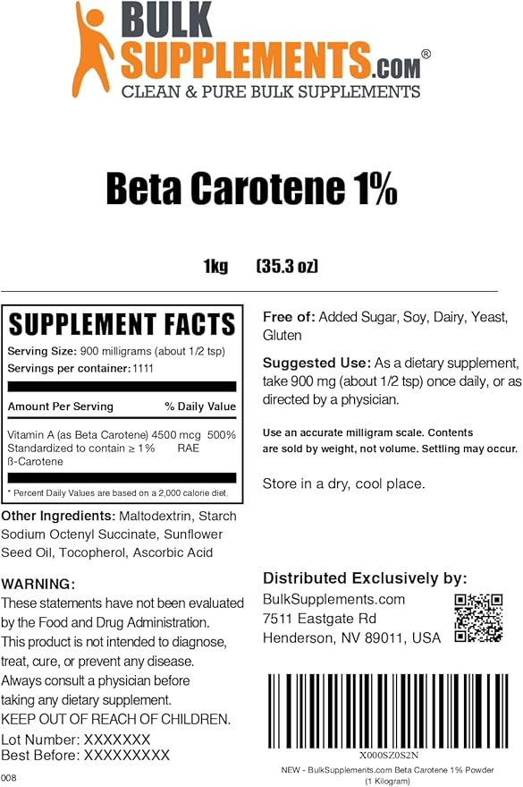BulkSupplements.com Beta Carotene Powder - Beta Carotene Supplement Vitamin A Supplement for Immune and Vision Support - Gluten Free 900mg per Serving 1kg (2.2 lbs) (Pack of 1)