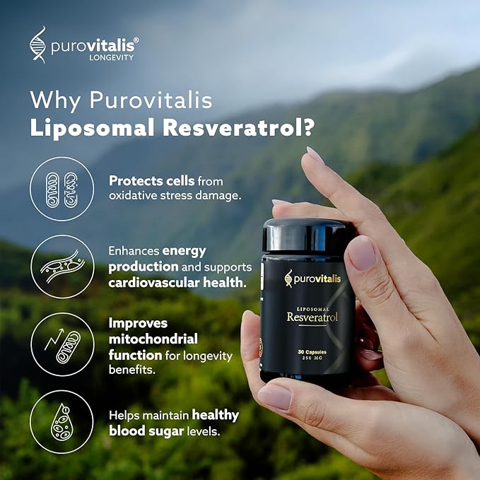 PUROVITALIS Liposomal Resveratrol 250mg 30 Servings (30 Vegan Capsules) High Purity Trans-resveratrol Antioxidant Supplement