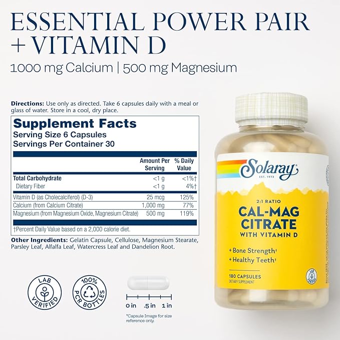 SOLARAY Calcium &amp Magnesium Citrate 2:1 Ratio w/Vitamin D-3 Healthy Bones Muscle &amp Nervous System Support High Absorption 180 Capsules