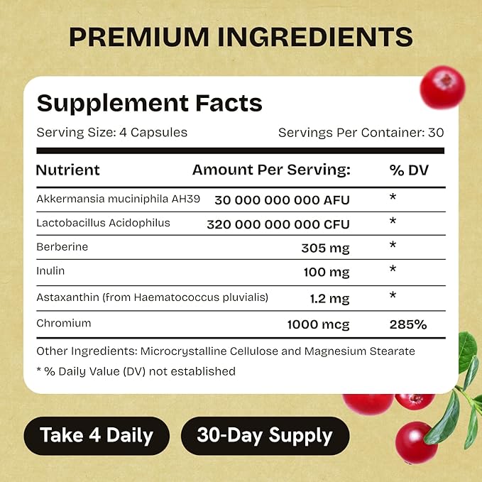 Akkermansia Muciniphila Probiotics 320 Billion CFU| Probiotic and Prebiotic | Akkermansia Probiotics for gut health | Inulin Prebiotic Fiber Capsules Astaxanthin &amp Berberine &amp Chromium | 120 c