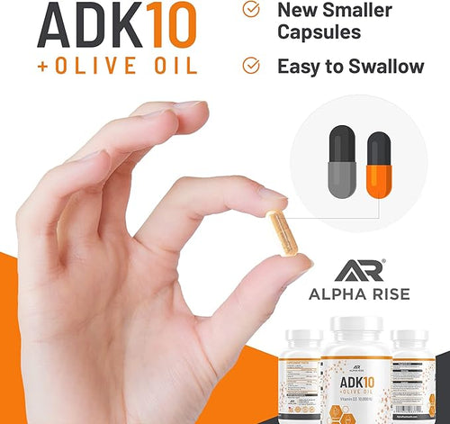 ADK 10 Vitamin Supplement + Olive Oil for Better Absorption - with Vitamins A + D3 (10000 iu) + K2 (MK7+MK4) - 90 Capsules - Vegetarian - Non-GMO