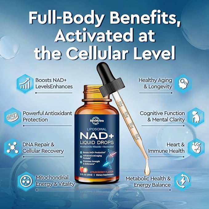 Liposomal NAD+ Liquid Supplement Nad Resveratrol Supplement for Women &amp Men Nicotinamide Riboside with PQQ CoQ10 Quercetin for Anti-Aging Brain Cellular Energy Health Strawberry Flavor 2 F