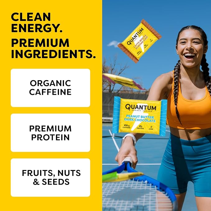 Quantum Energy Square: Energy Bar with Caffeine &amp 10g Protein. Delicious Healthy Snack On The Go. (Vegan Gluten-free Soy-free Dairy-free) (Variety Mega Pack)