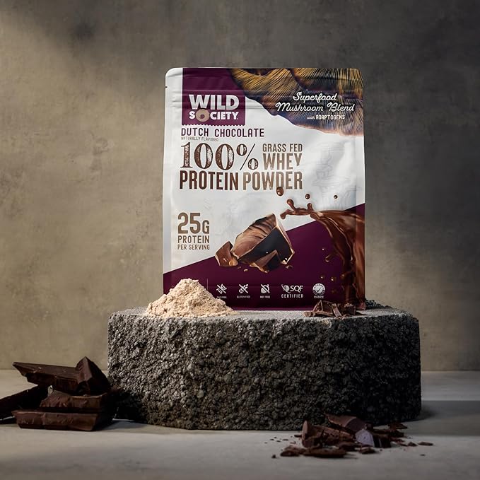 WILD SOCIETY - Premium 100% Grass Fed Whey Protein Powder + Superfood Mushrooms &amp Adaptogens - 25g Protein Clean Protein Powder 0 Added Sugar Non GMO Gluten Free - Dutch Chocolate - 17.9 oz
