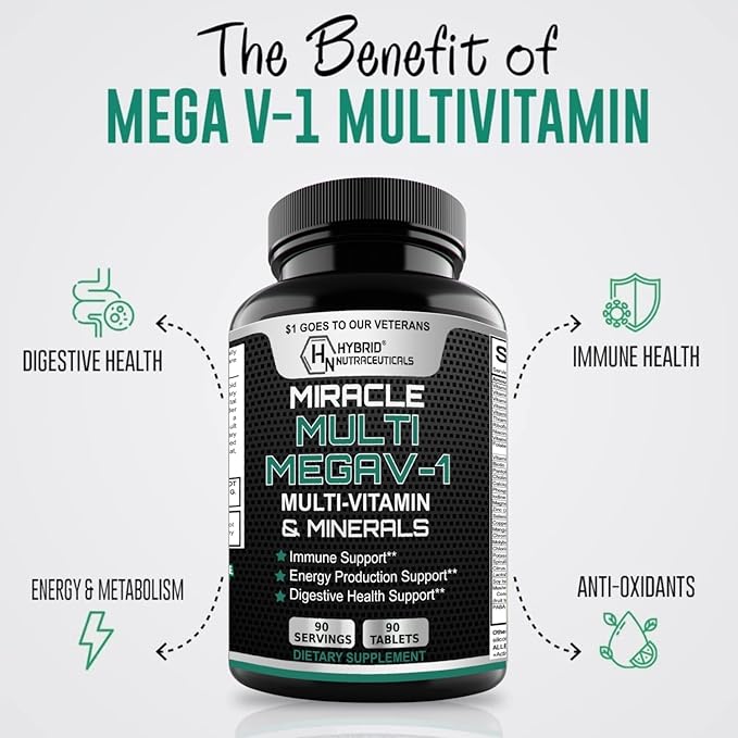 MEGAV-1 Multi-Vitamin Superfood &amp Minerals - Daily Multivitamin with Probiotics Digestive Enzyme Mushroom Complex for Heart Health Immune Support Energy &amp Stamina: 2-Pack 180 Tablets