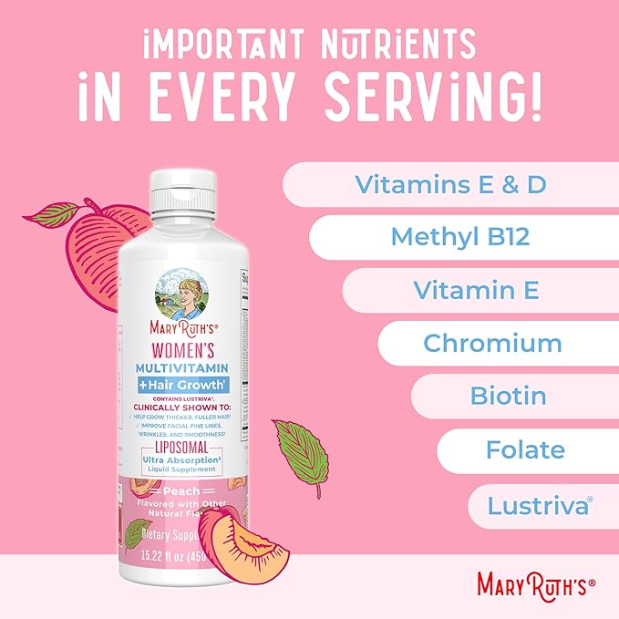 MaryRuth's Women's Multivitamin + Hair Growth Liposomal (Peach) &amp Liquid Nighttime Multimineral (Coconut 15oz) | Clean Label Project Verified® | Vegan | Beauty Bedtime Routine &amp Overall Hea