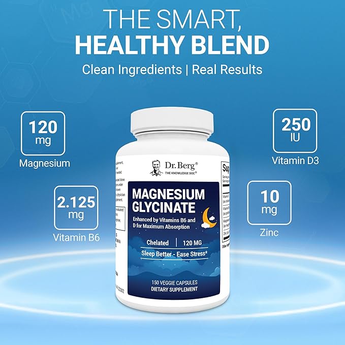 Dr. Berg Magnesium Glycinate 150ct – 4-in-1 Chelated for Muscle Nerve Sleep &amp Stress Support*– w/ D3 B6 &amp Zinc – 4X Lab-Tested – No Fillers – Formulated in USA GMP-Certified