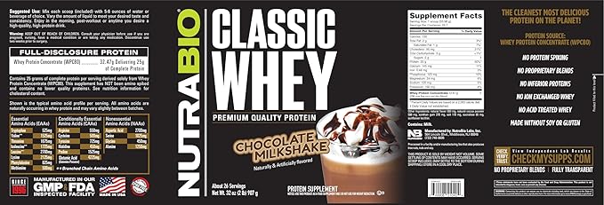NutraBio Classic Whey Protein Powder- 25G of Protein Per Scoop - No Fillers Artificial Colors Preservatives - Chocolate Milkshake 2 Pounds