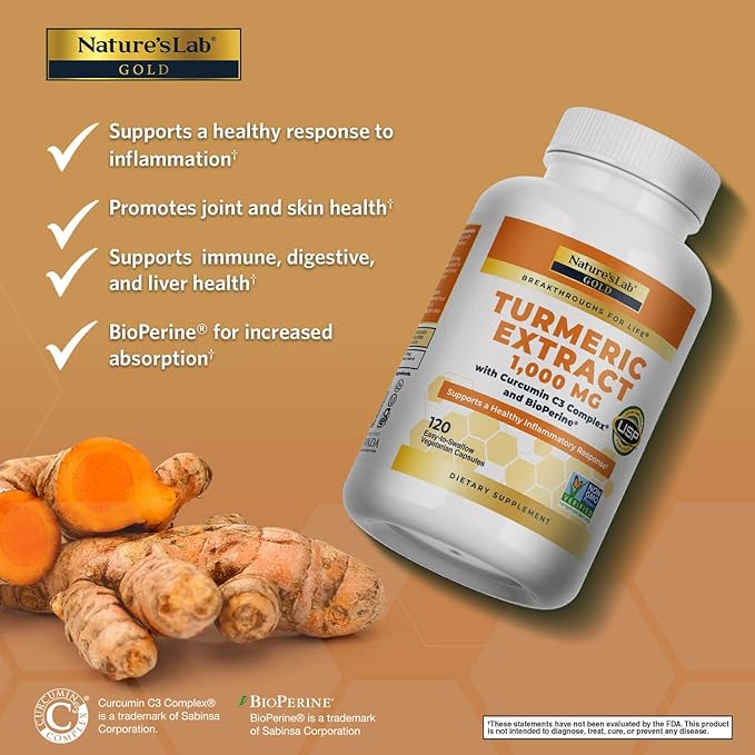 Nature's Lab Turmeric Curcumin C3 Complex 1000mg - Turmeric Extract 1000mg &amp BioPerine 5mg Standardized to 95% Promotes Cardiovascular Immune Joint Skin Health - 120 Capsules (60 Day Supply)