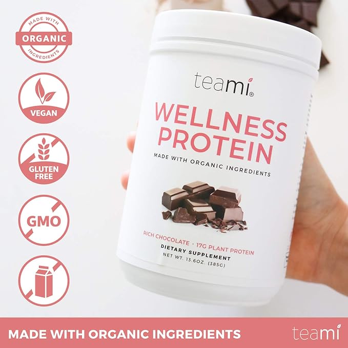 Teami Wellness Vegan Protein Powder - Organic Ingredients (14 Servings 13.6 Ounce) Smooth Textured Chocolate Plant Based Protein Powder Low Net Carbs Non-GMO Dairy Free Soy Free No Sugar Added