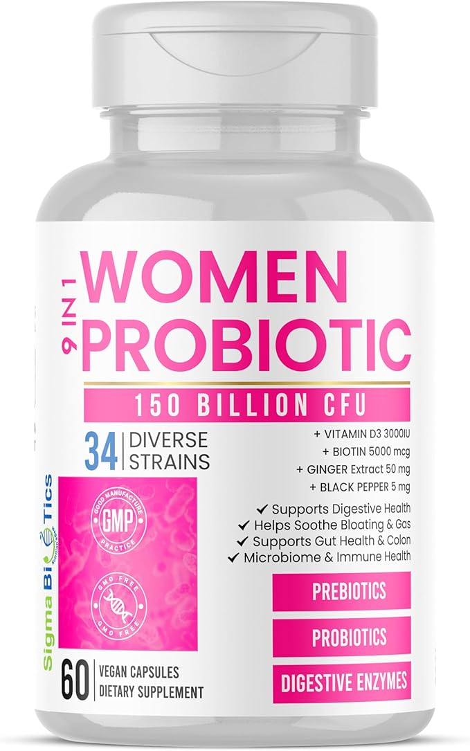 Women's Probiotics 150 Billion CFU – 34 Strains with Organic Prebiotics &amp Digestive Enzymes – Urinary Tract &amp Digestive Health – 60 Vegan Capsules with D3 and Biotin – Gluten-Free Non-GMO Da