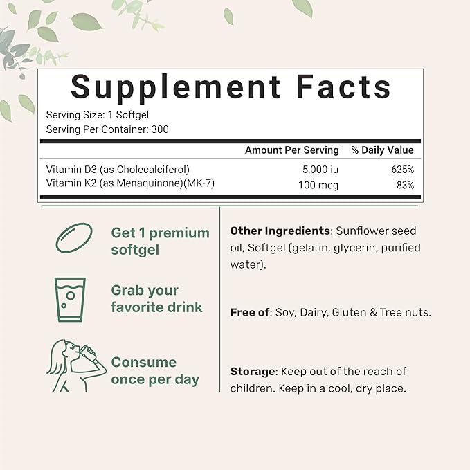 Micro Ingredients Vitamin D3 5000 IU + K2 MK-7 100 mcg 2 Pack (600 Softgels) | Liquid-Filled with Sunflower Oil | 2-in-1 Vitamins D &amp K Complex | Extra Strength Easy to Swallow Non-GMO No Glu