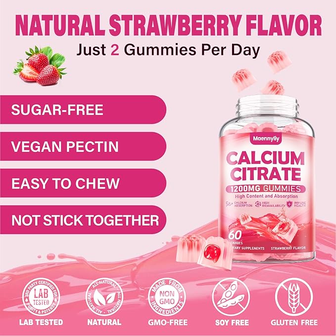 Calcium Citrate Gummies 1200 mg for Adults: Ultimate Absorption Calcium Supplement for Women &amp Men - Easy to Digest Vegan Non-GMO Gluten Free - Natural Strawberry Flavor