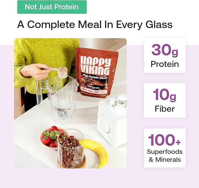 Happy Viking Plant-Based Protein Powder +100 Superfoods Chocolate Meal Replacement Shake Created by Venus Williams 30g Plant Protein 10g Fiber Vegan Gluten-Free Non-GMO 15 Meals