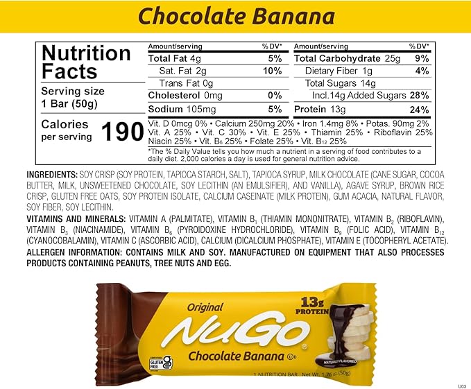 NuGo Protein Bar Chocolate Banana 13g Protein Gluten Free 15 Count