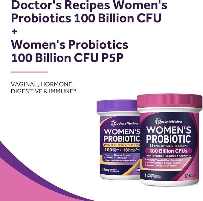 Doctor's Recipes Women’s Probiotics 100 Billion CFU Bundle Vitamin B6 P5P Cranberry Digestion Vaginal Mood Immune Shelf Stable Delayed Release