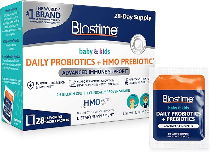 Biostime Baby Probiotic for Kids with HMO &amp Prebiotic Fiber | Immune Support | Constipation Relief and Digestion Support Probiotics for Kids Toddlers and Infants - 28 Powder Packets