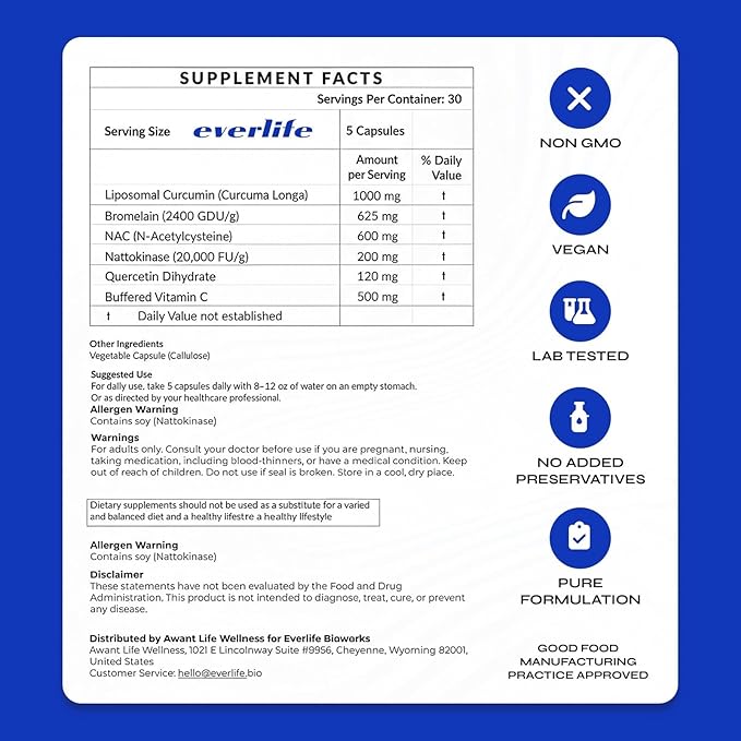Everlife Spike Protein &amp Liver Detox Support Supplement - Liposomal Curcumin with NAC Quercetin Bromelain &amp Buffered Vitamin C – Circulation Antioxidant &amp Immune Support Blend – 150 Cap