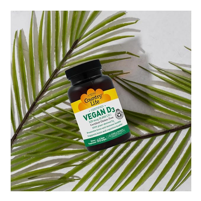Country Life Vegan D3 5000 IU – Plant-Derived Vitamin D3 from Lichen – Certified Vegan Gluten-Free Non-GMO – Clean Simple Formula – 60 Softgels