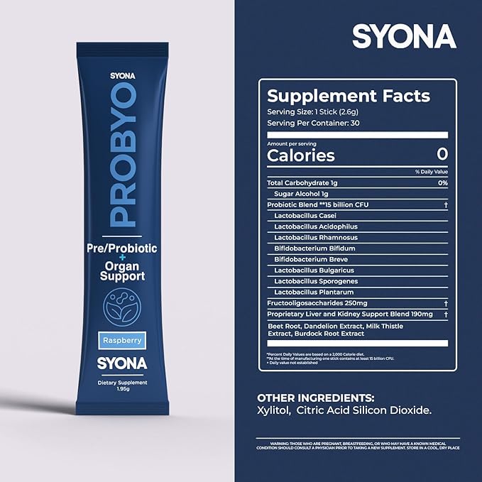 SYONA PROBYO No Bloat Probiotic Blend 15B CFU 8 Strains for Gut Support Men &amp Women with Beet Root &amp Dandelion Extract 30 Stick Packs