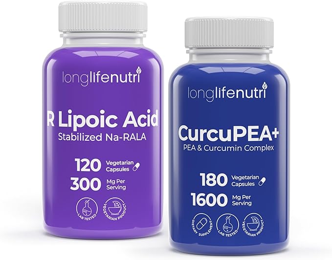 LongLifeNutri R-Alpha Lipoic Acid 300 mg + CurcuPEA+ (Palmitoylethanolamide + Turmeric Complex 600/1000 mg) Bundle - 120-180 Capsules Cellular Energy &amp Natural Antioxidant GMP Certified Made in