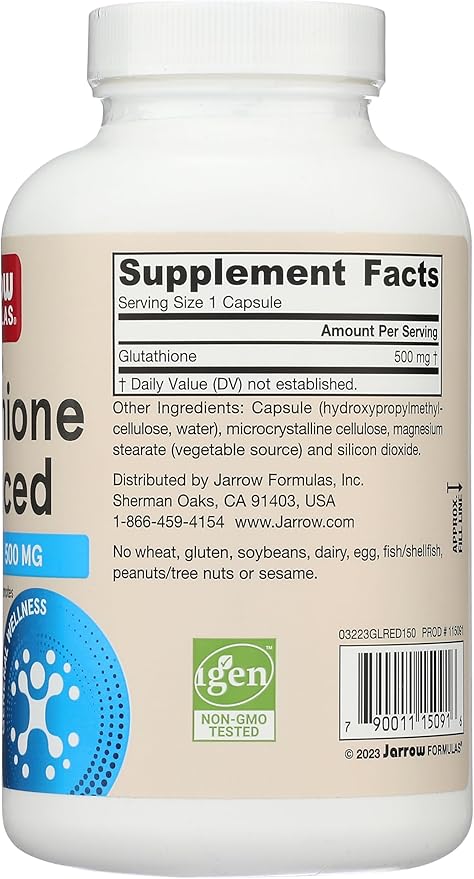 Jarrow Formulas Glutathione Reduced 500 mg - 150 Veggie Capsules - Intracellular Antioxidant - Quality Glutathione Supplements - Supports Recycling of Vitamins C &amp E - Non-GMO - Gluten Free - Vega